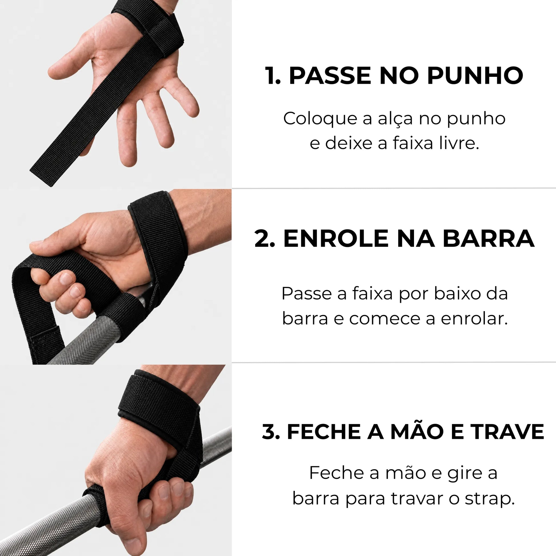 Como usar straps em três etapas para enrolar a tira e firmar a pegada na barra