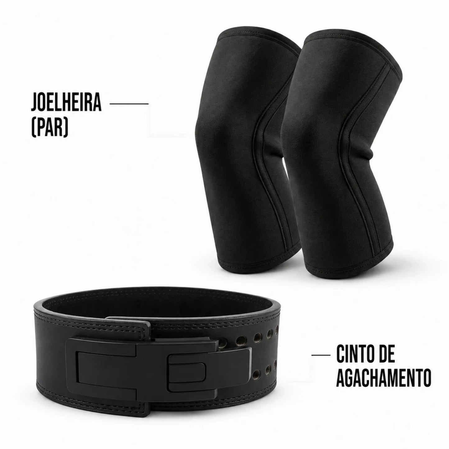Itens inclusos no Kit Agachamento: joelheiras de compressão e cinturão para agachamento