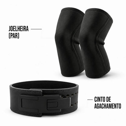 Itens inclusos no Kit Agachamento: joelheiras de compressão e cinturão para agachamento