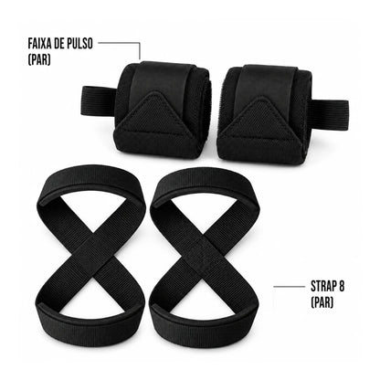Itens inclusos no Kit Performance: faixas de pulso e straps 8