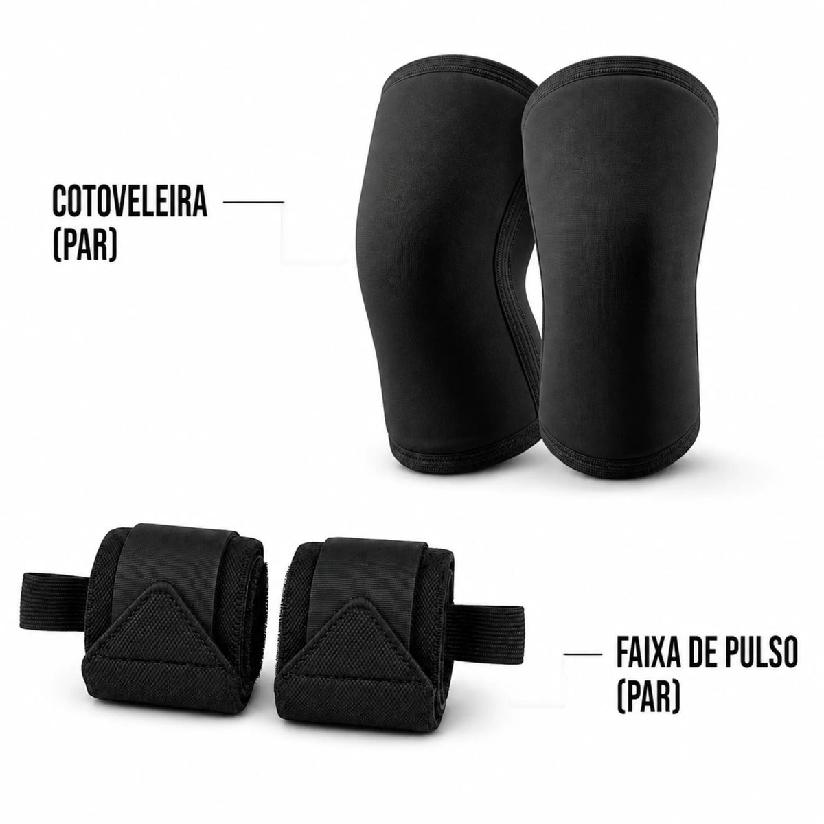 Itens inclusos no Kit Press: cotoveleiras de compressão e faixas de pulso