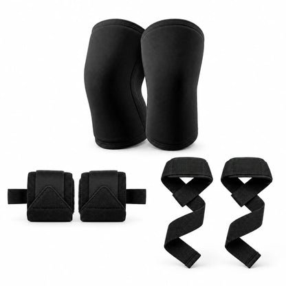 Kit Superiores Essencial com cotoveleiras, faixas de pulso e straps pretos organizados sobre fundo branco.