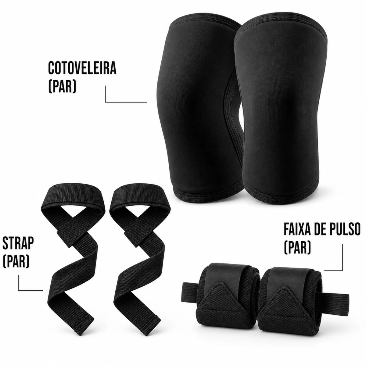 Itens inclusos no Kit Superiores Essencial: par de cotoveleiras, par de faixas de pulso e par de straps pretos.