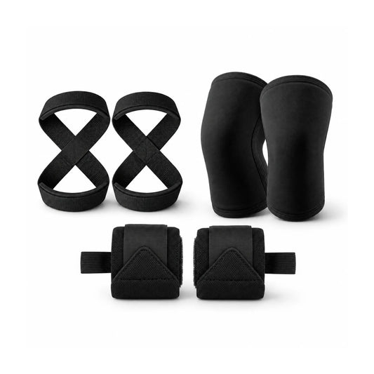 Kit Superiores Performance completo com cotoveleiras de compressão, faixas de pulso e straps 8