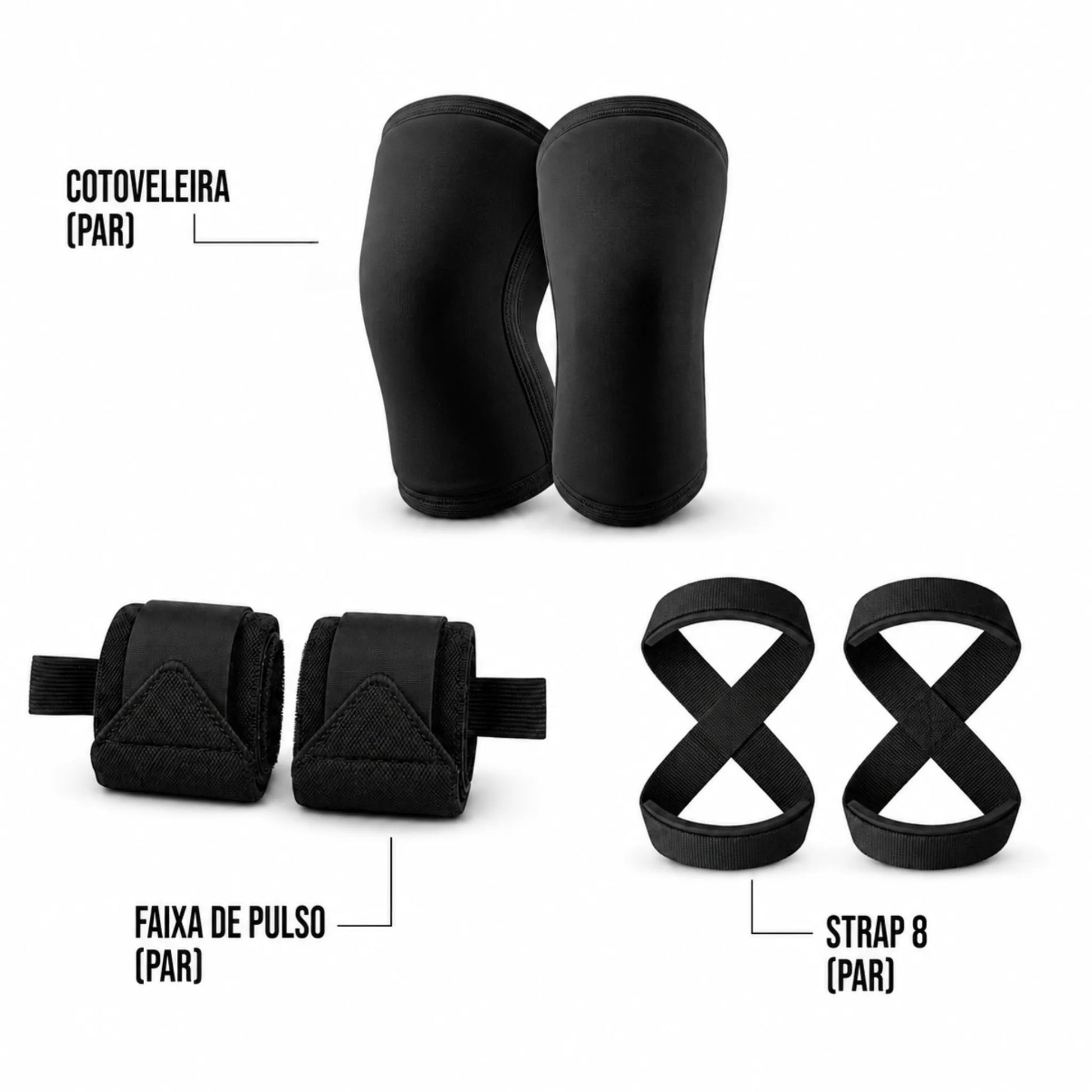 Itens inclusos no Kit Superiores Performance: cotoveleiras de compressão, faixas de pulso e straps 8