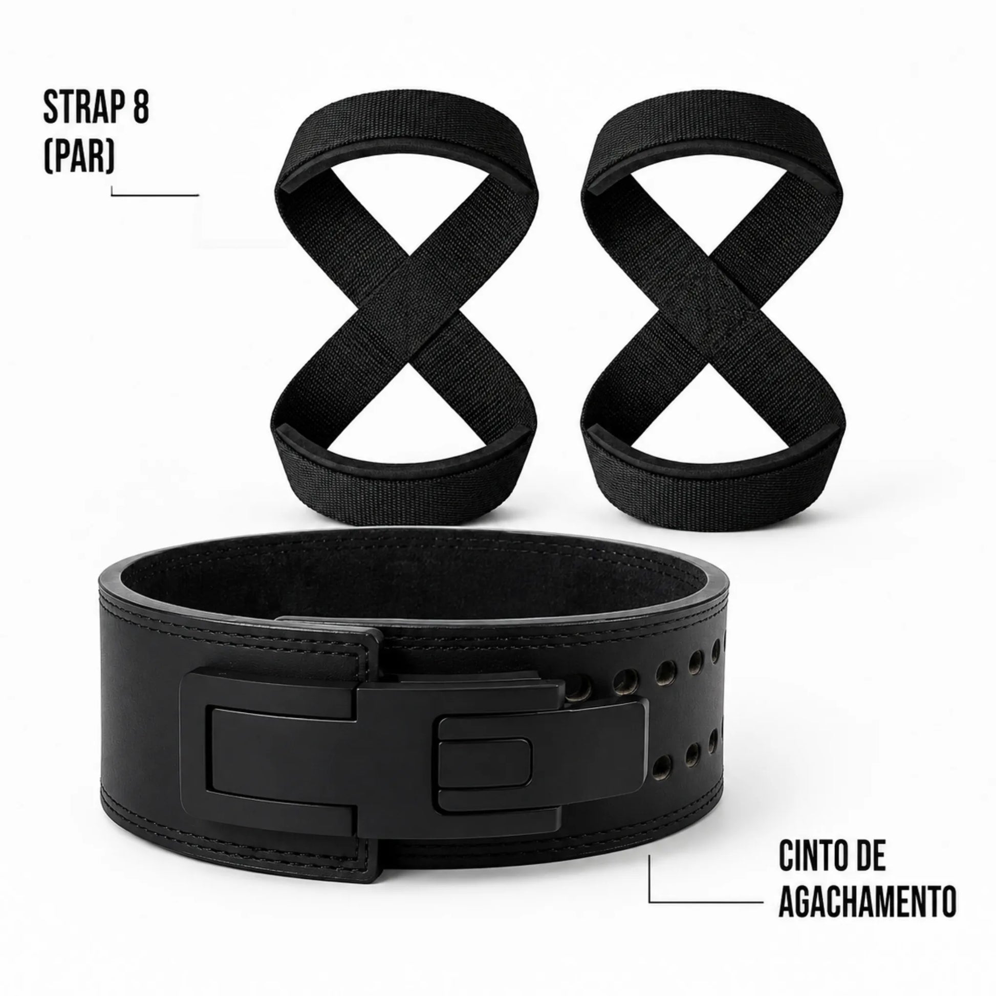 Itens inclusos no Kit Terra: par de Strap 8 e cinturão para agachamento.