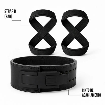 Itens inclusos no Kit Terra: par de Strap 8 e cinturão para agachamento.