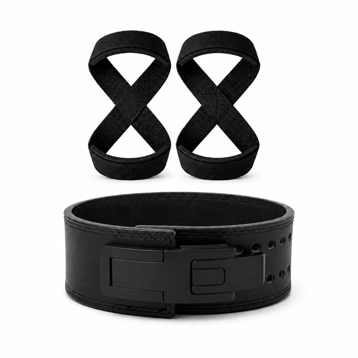 Kit Terra com par de Strap 8 e cinturão para agachamento pretos sobre fundo branco.