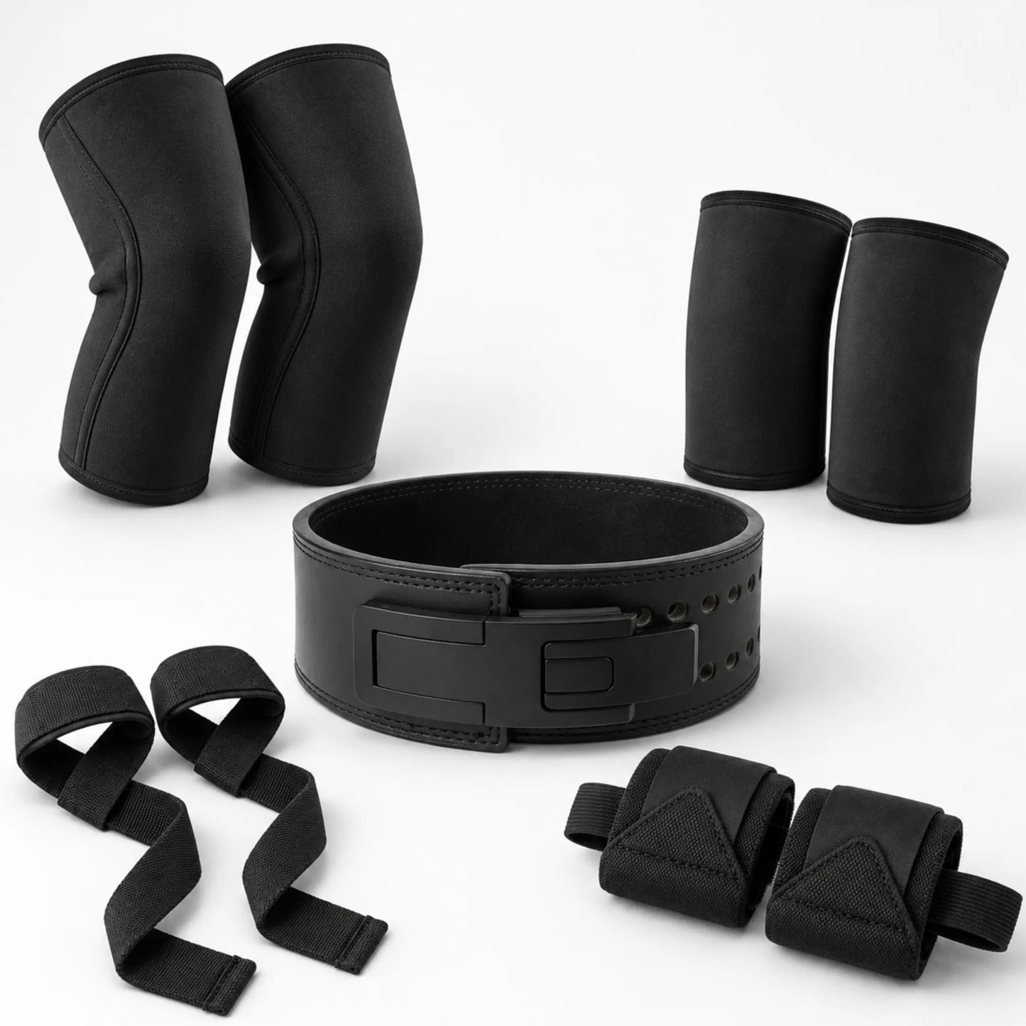 Kit Total Essencial completo com cinturão para agachamento, joelheiras, cotoveleiras, faixas de pulso e strap em um fundo branco
