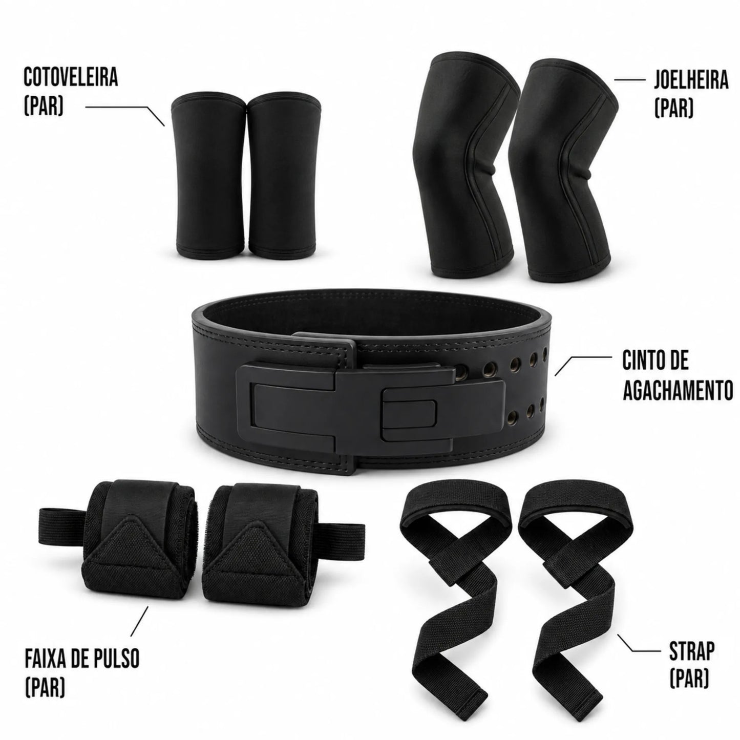 Itens inclusos no Kit Total Essencial: cinturão para agachamento, joelheiras, cotoveleiras, faixas de pulso e strap