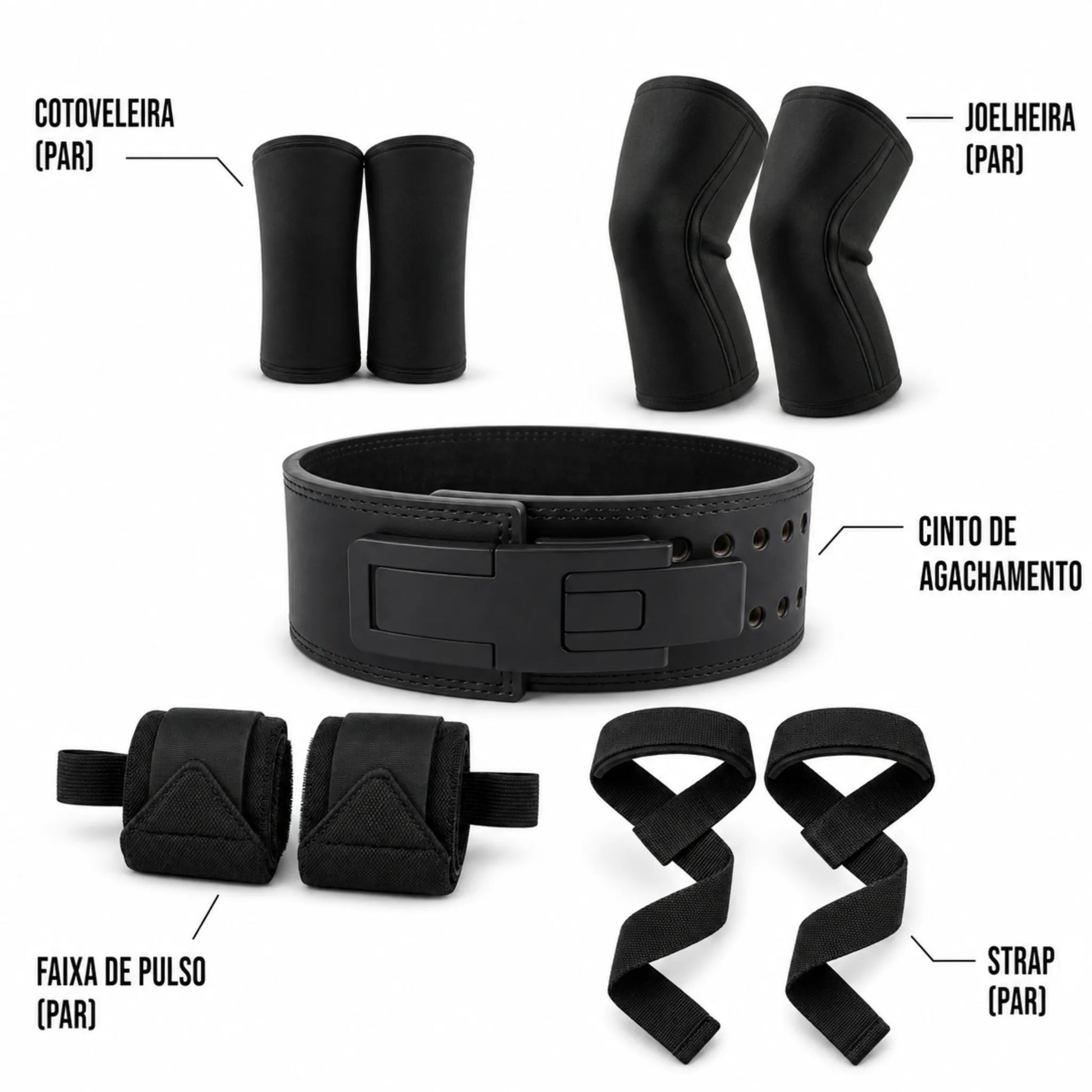 Itens inclusos no Kit Total Essencial: cinturão para agachamento, joelheiras, cotoveleiras, faixas de pulso e strap