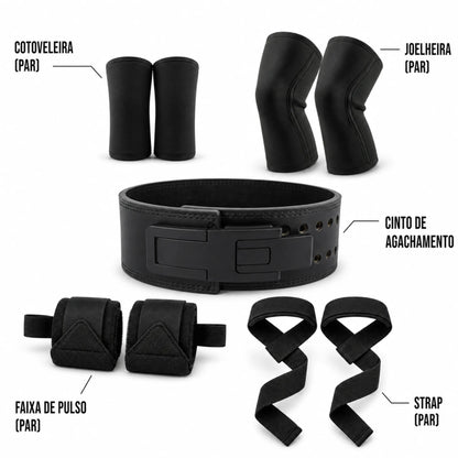 Itens inclusos no Kit Total Essencial: cinturão para agachamento, joelheiras, cotoveleiras, faixas de pulso e strap