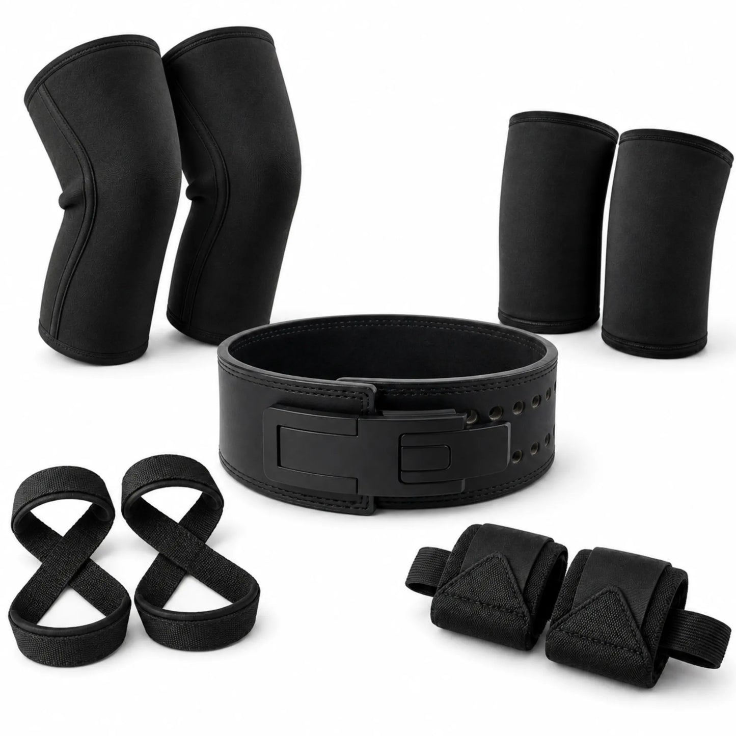Kit Total Performance completo com cinturão para agachamento, joelheiras, cotoveleiras, faixas de pulso e straps 8