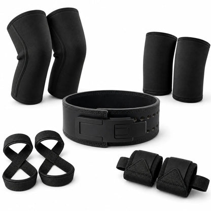 Kit Total Performance completo com cinturão para agachamento, joelheiras, cotoveleiras, faixas de pulso e straps 8