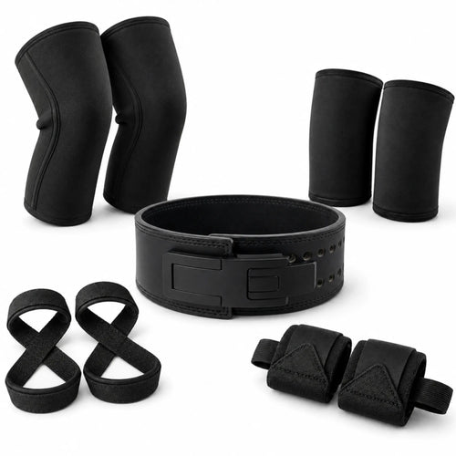 Kit Total Performance completo com cinturão para agachamento, joelheiras, cotoveleiras, faixas de pulso e straps 8