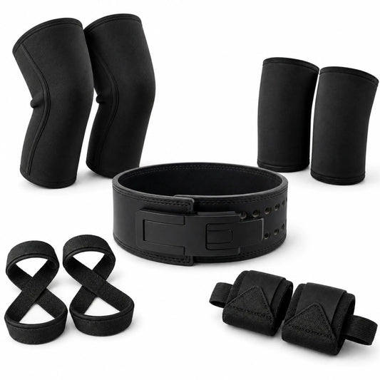 Kit Total Performance completo com cinturão para agachamento, joelheiras, cotoveleiras, faixas de pulso e straps 8