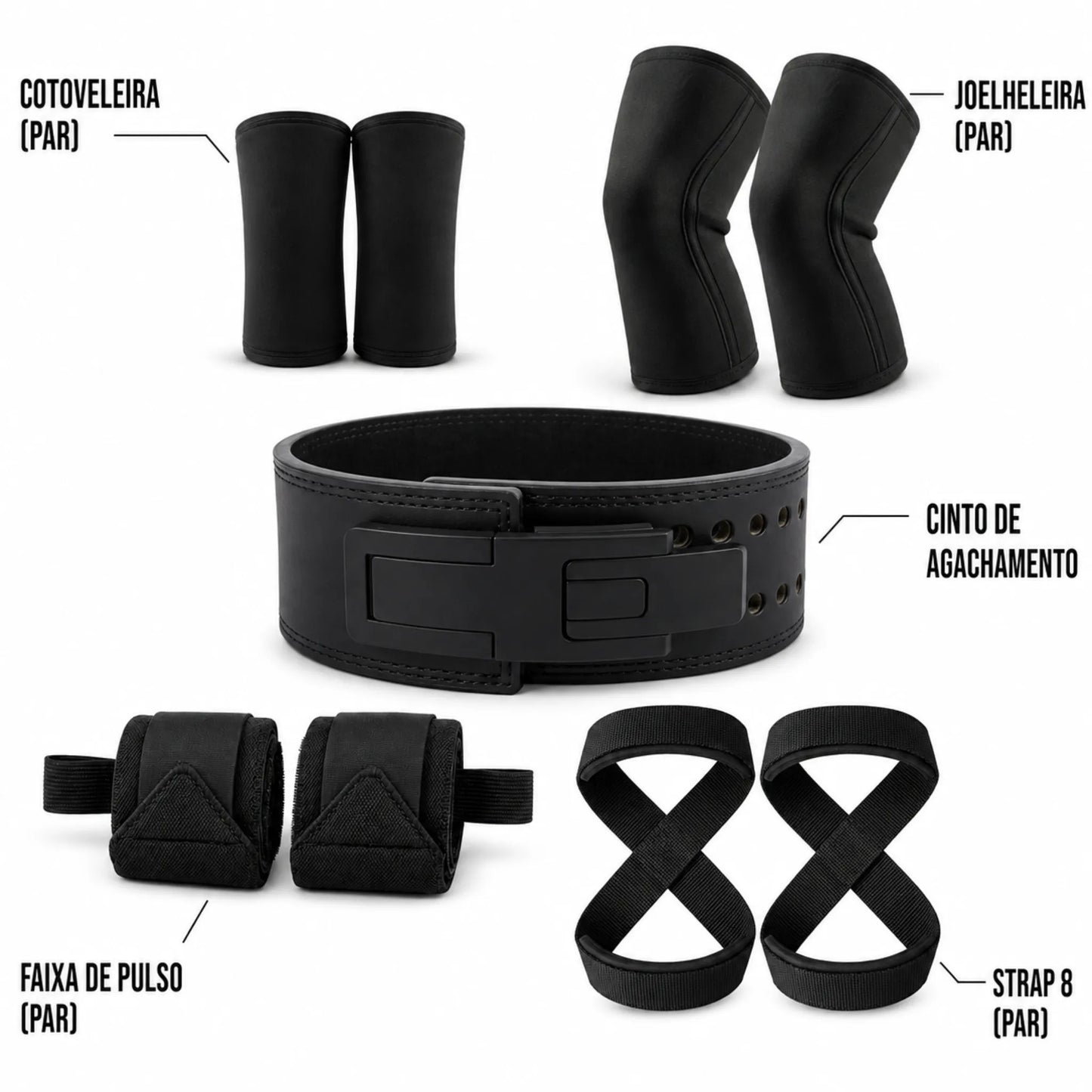 Itens inclusos no Kit Total Performance: cinturão para agachamento, joelheiras, cotoveleiras, faixas de pulso e straps 8