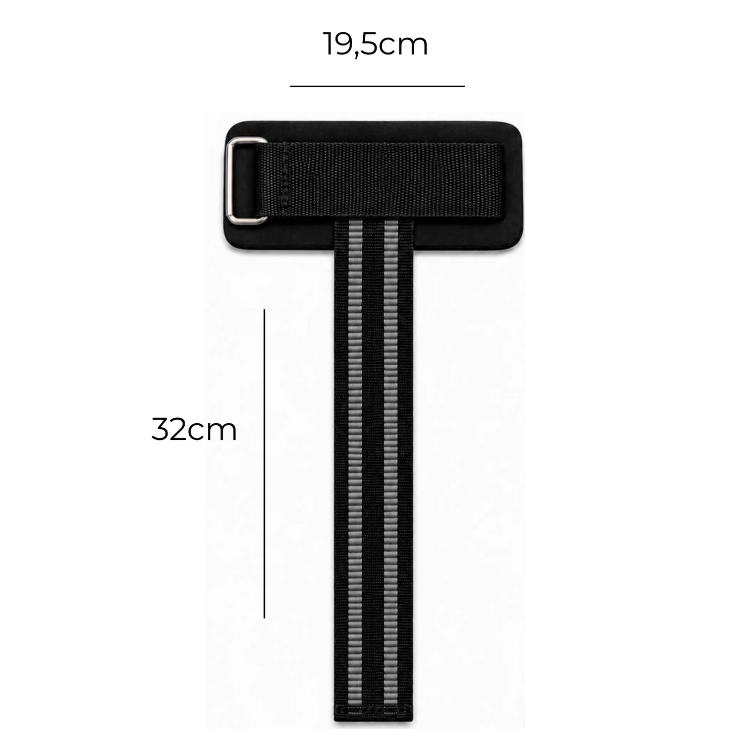 Munhequeira com strap preta com medidas de 19,5 cm na munhequeira e 32 cm na tira