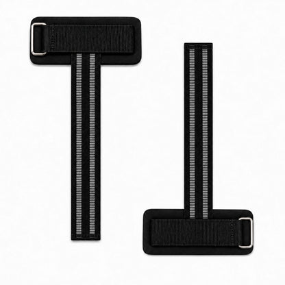 Par de munhequeiras com strap aberto, mostrando as duas tiras totalmente estendidas