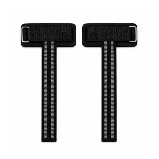 Par de munhequeiras com strap pretas em vista frontal sobre fundo branco