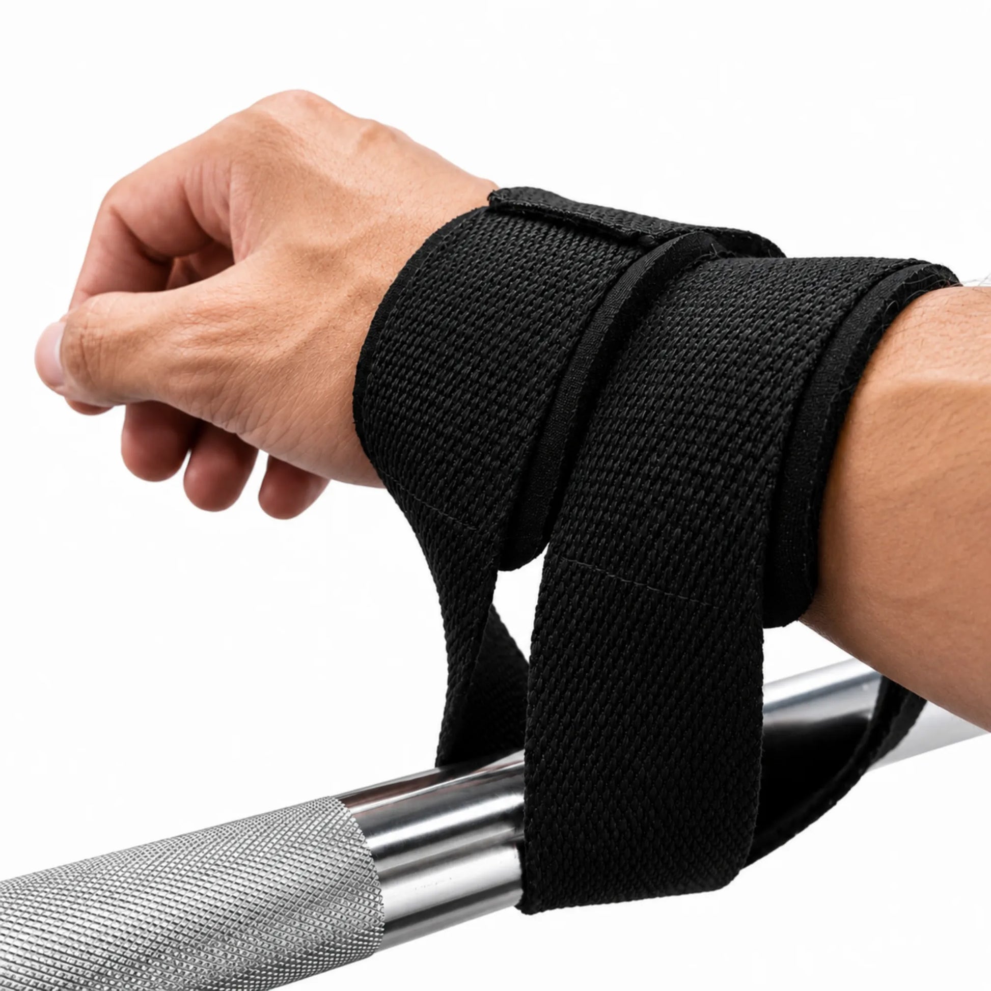 Strap 8 cruzado e ajustado ao redor do punho antes de envolver a barra