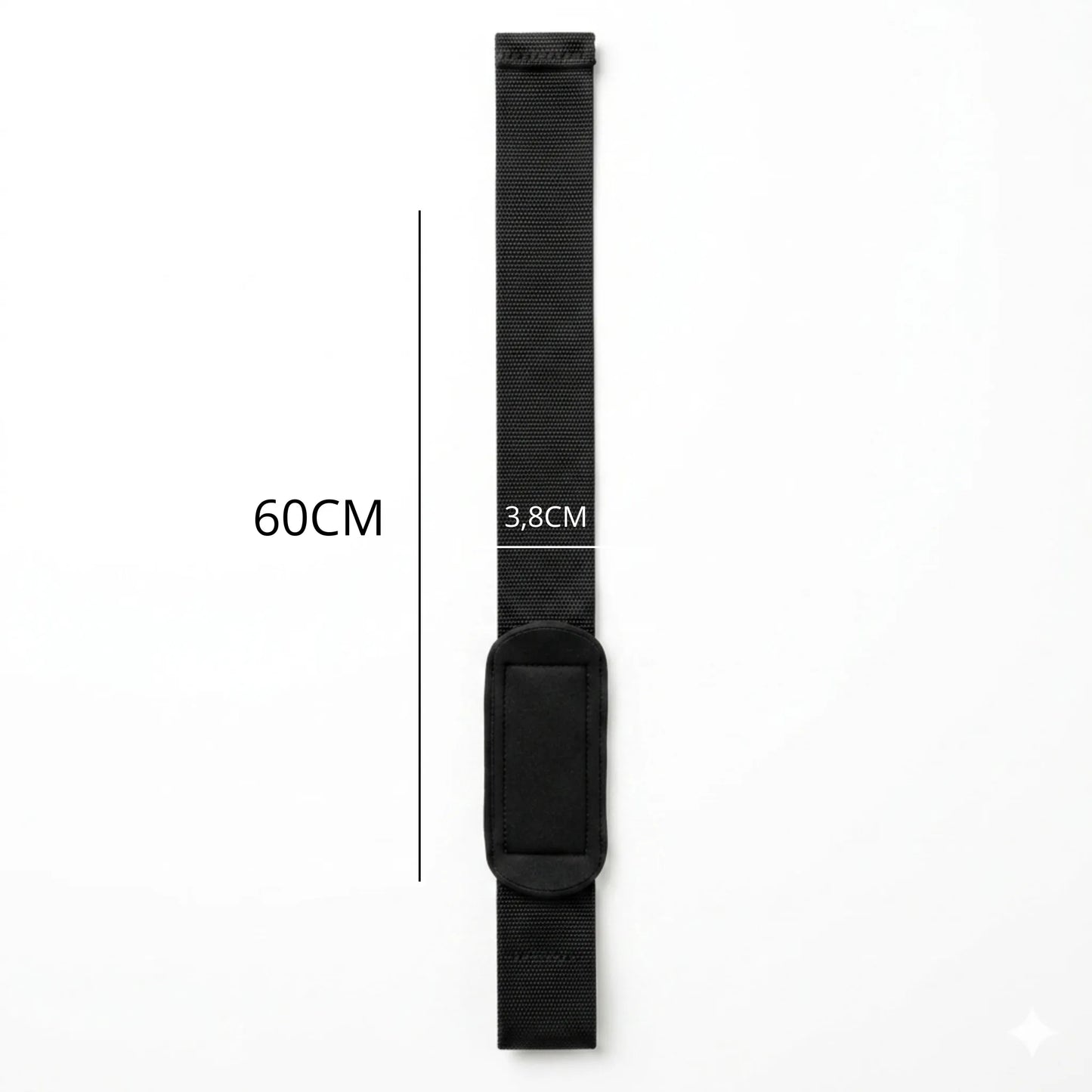 Medidas do strap para academia: 60 cm de comprimento e 3,8 cm de largura