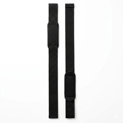 Par de straps pretos aberto mostrando os dois lados e o acolchoamento para o pulso