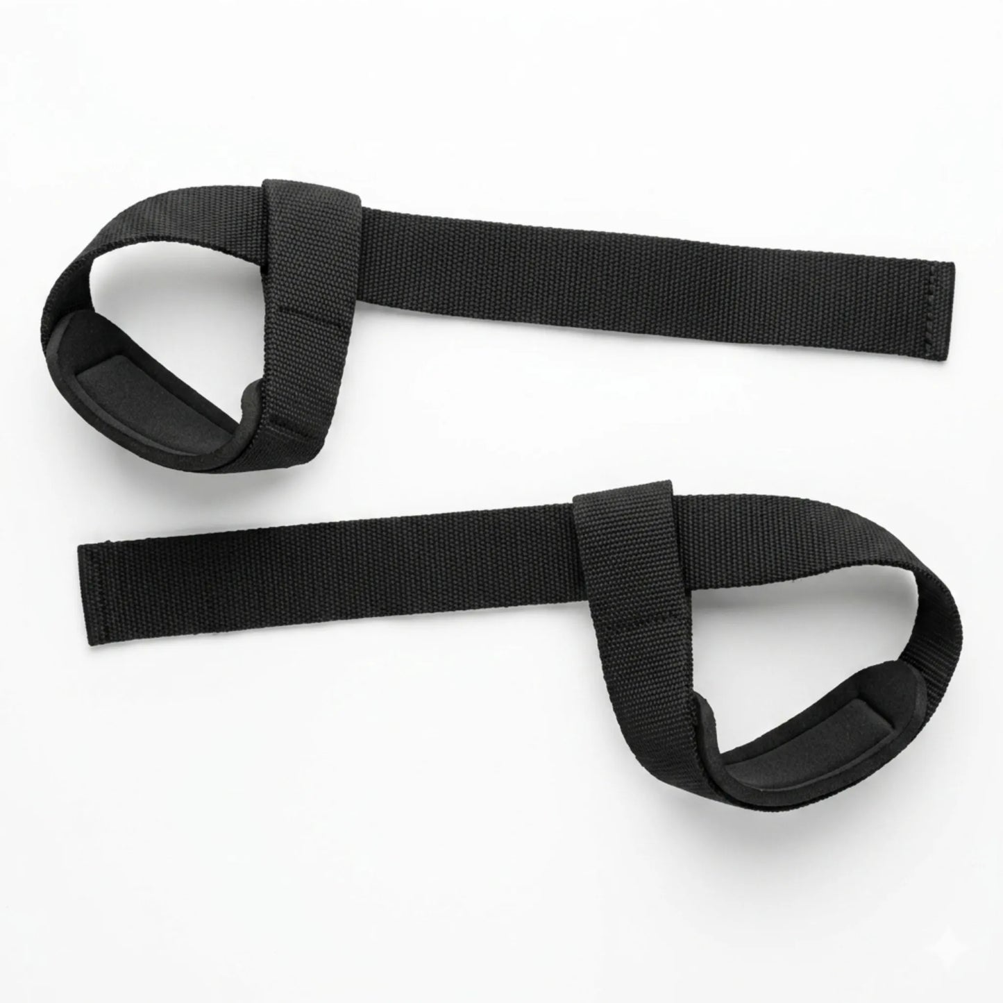 Par de straps pretos para academia aberto em vista angular com alças acolchoadas