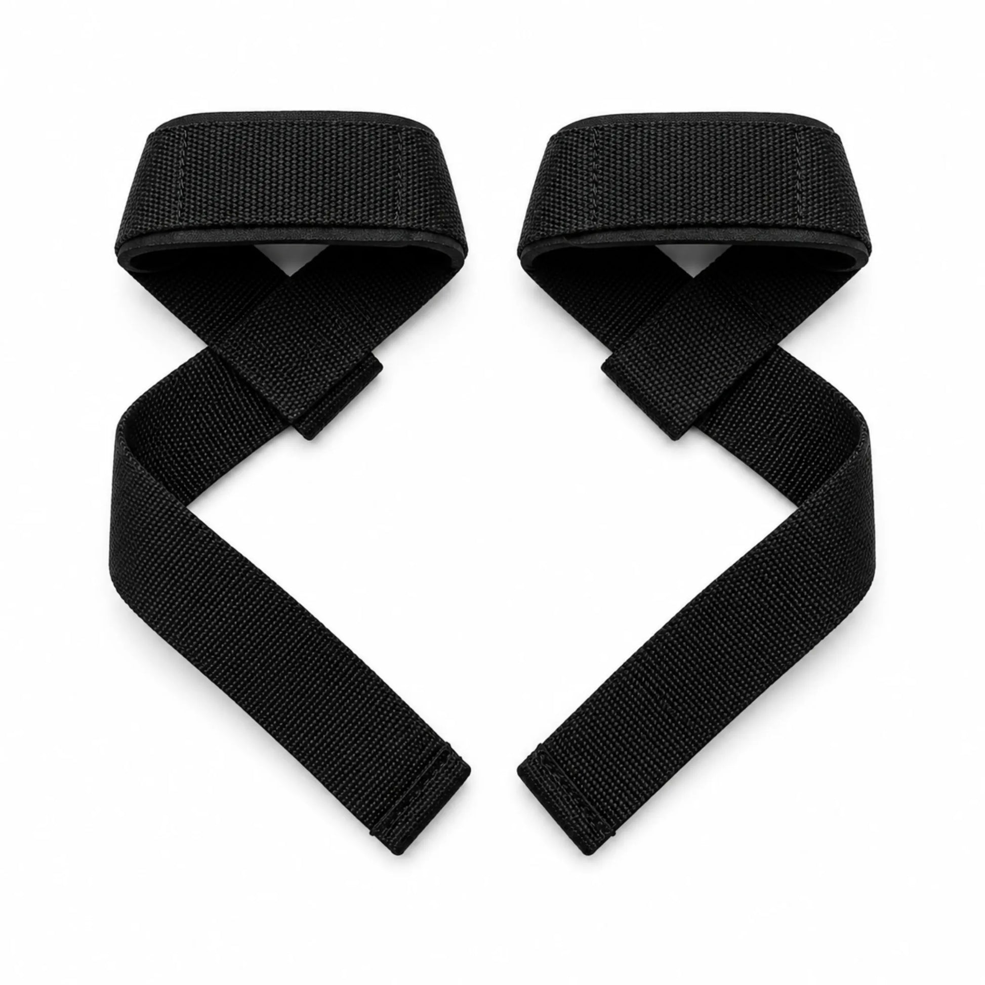Par de straps pretos para academia com alças acolchoadas e tiras longas sobre fundo branco
