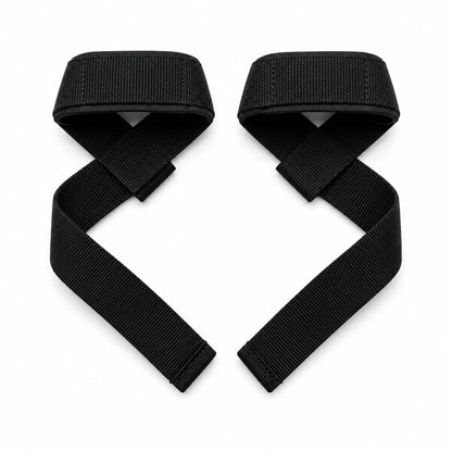 Par de straps pretos para academia com alças acolchoadas e tiras longas sobre fundo branco