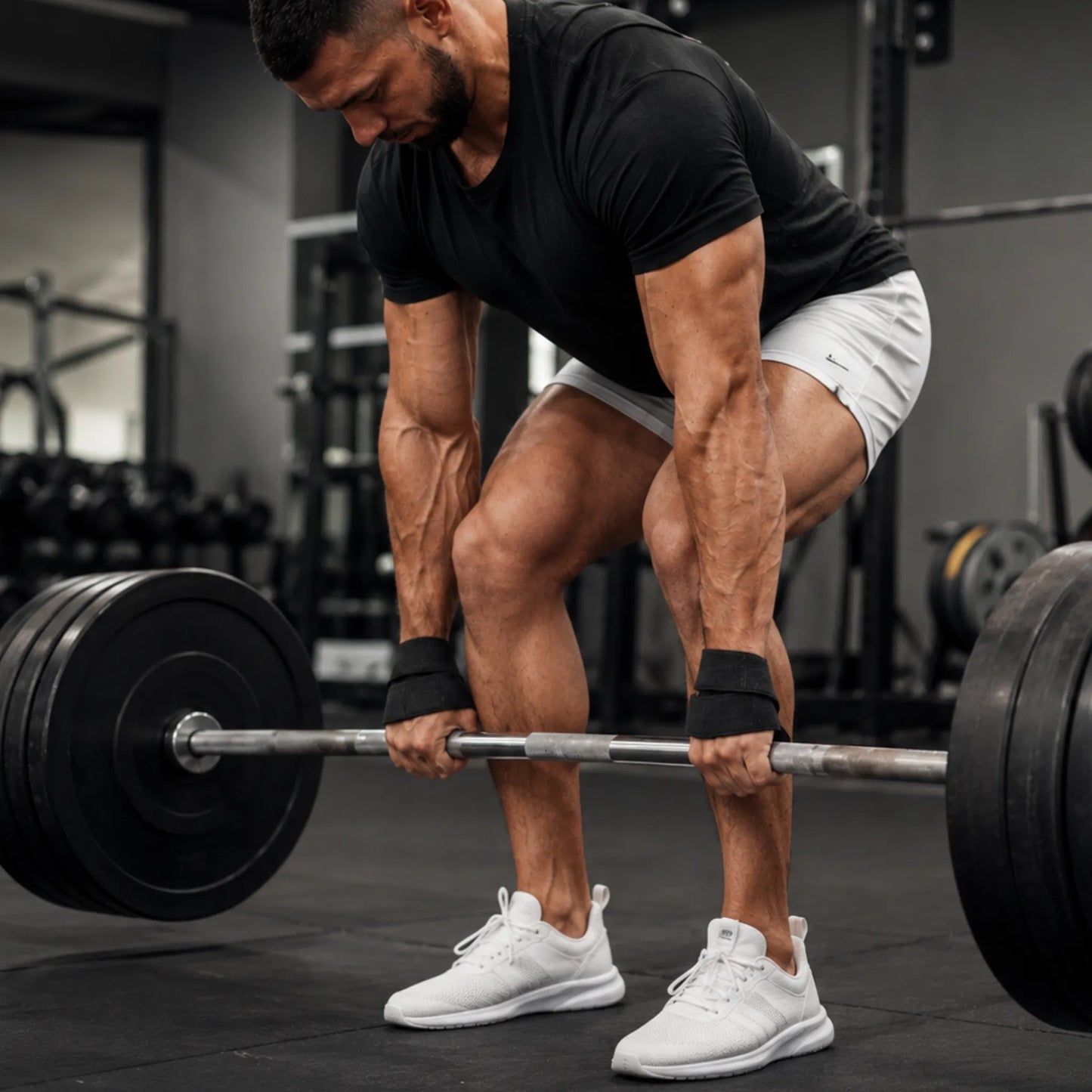 Atleta usando straps 8 para puxadas durante levantamento terra