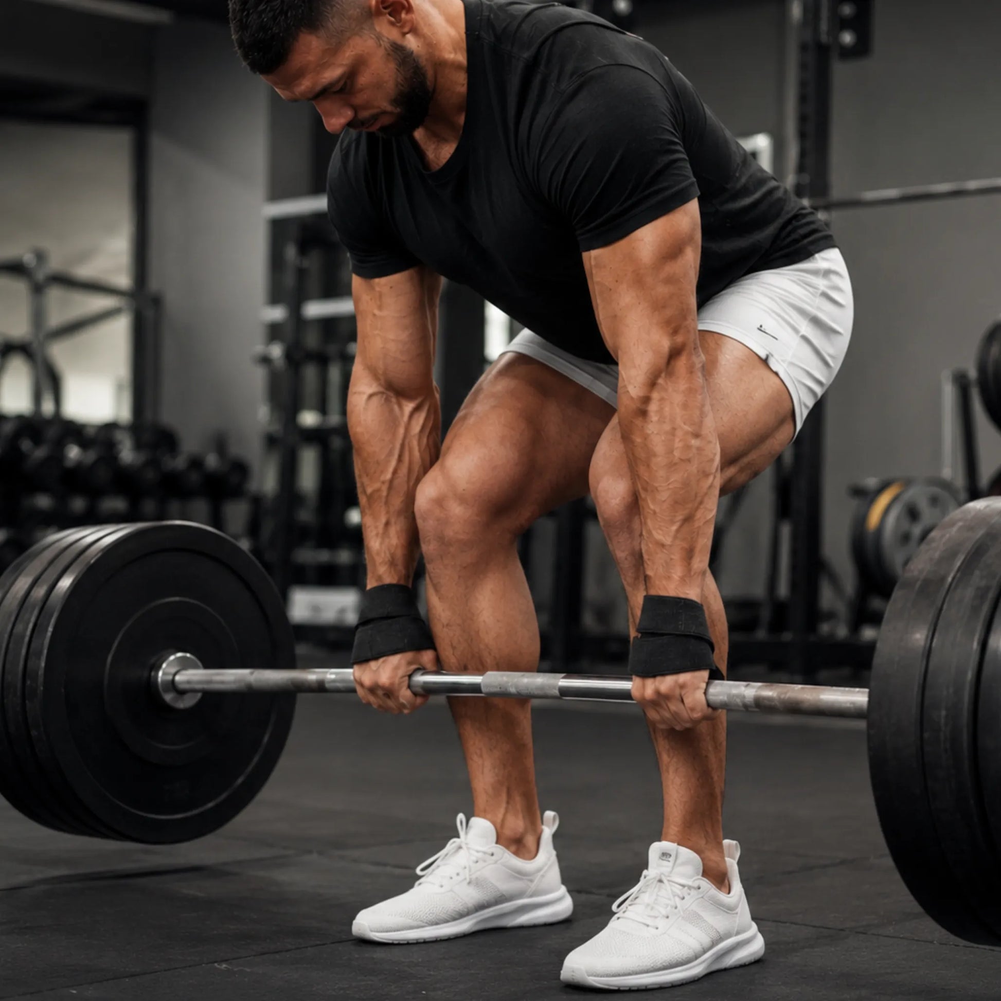 Atleta usando straps 8 para puxadas durante levantamento terra
